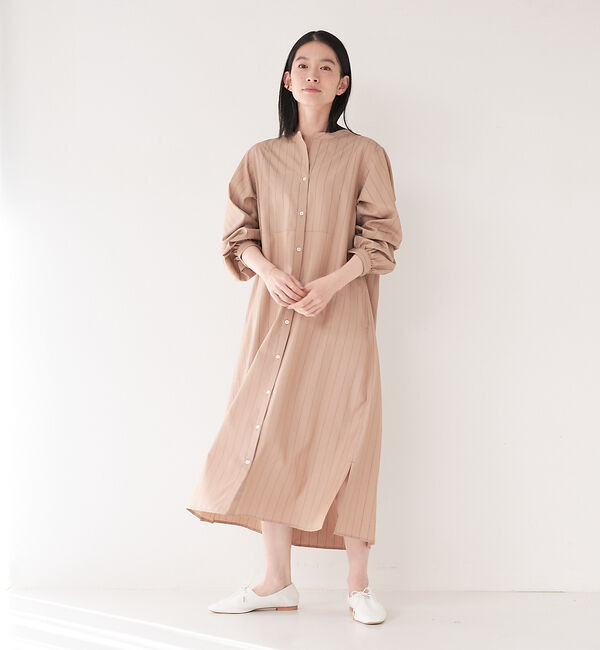 collex「＜手洗い可能＞ストライプフレアシャツワンピース」|ワンピース|ベージュ