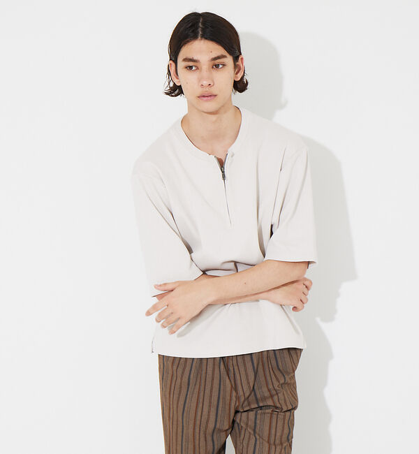 ABAHOUSE「オーガニックコットン ワッフル ハーフジップ 変形 Tシャツ」|Tシャツ・カットソー|ライトグレー