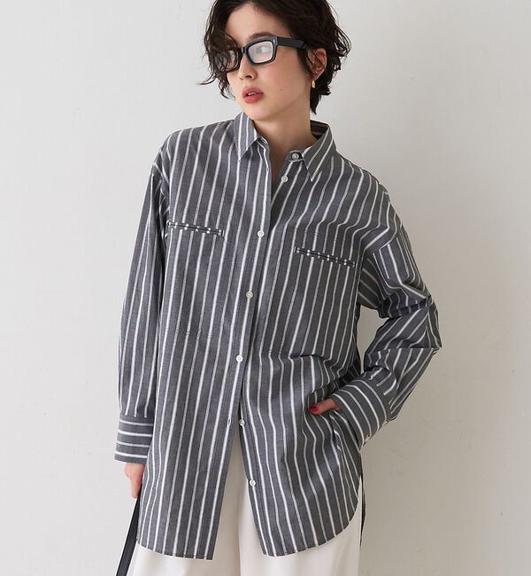 Rouge vif「胸ポケットコットン ルーズフィットストライプシャツ【予約】」|シャツ・ブラウス|チャコールグレー