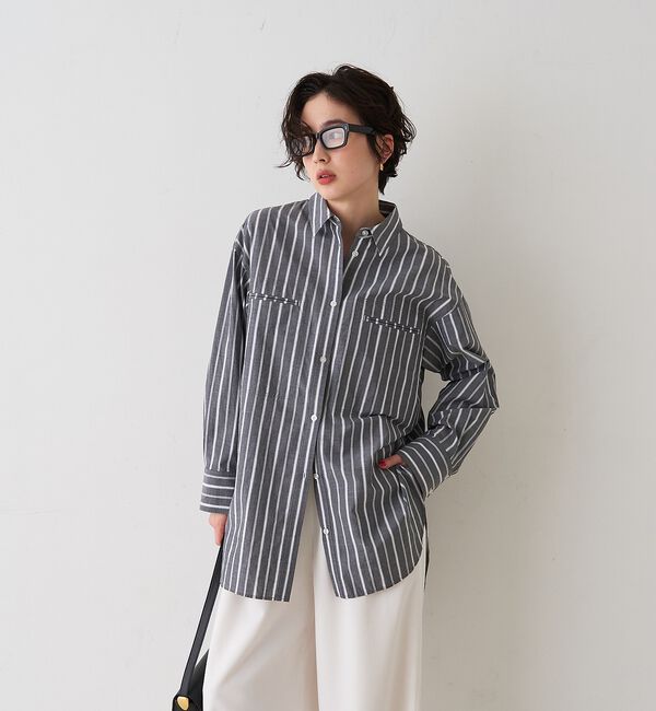 Rouge vif「胸ポケットコットン ルーズフィットストライプシャツ【予約】」|シャツ・ブラウス|