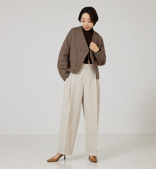 qualite「千鳥チェックショートコート」|ノーカラーコート|