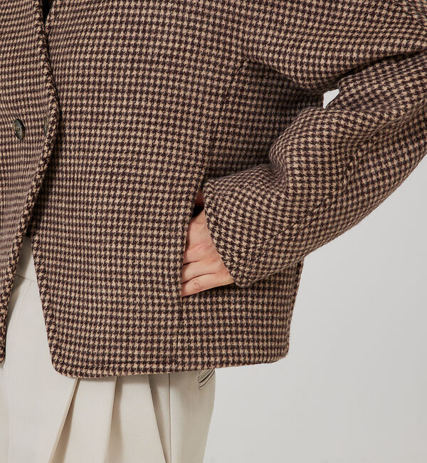 qualite「千鳥チェックショートコート」|ノーカラーコート|