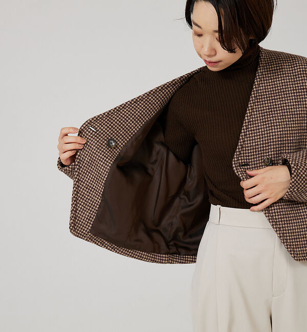 qualite「千鳥チェックショートコート」|ノーカラーコート|