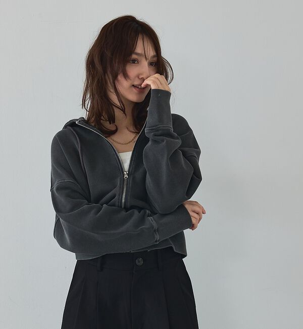abahouse mavie「【裏毛】ピグメントショートジップパーカー/ヴィンテージ風/長袖/スウェット/春服」|パーカー|