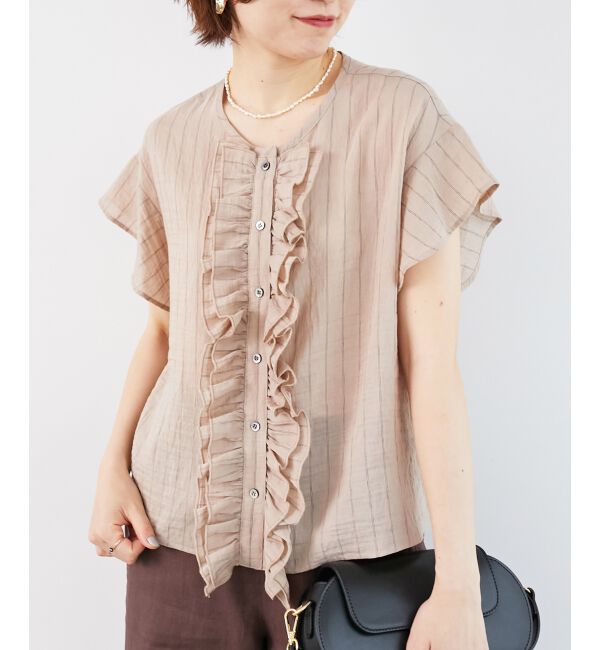  「ストライプフロントフリルブラウス」|シャツ・ブラウス|ベージュ柄