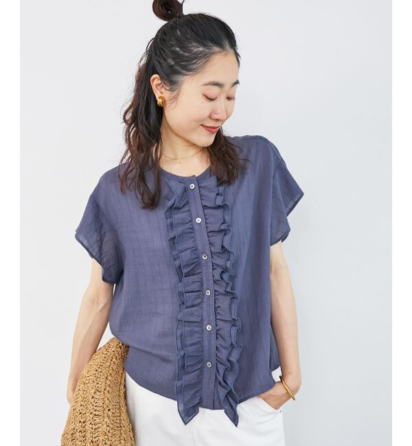  「ストライプフロントフリルブラウス」|シャツ・ブラウス|ネイビー柄