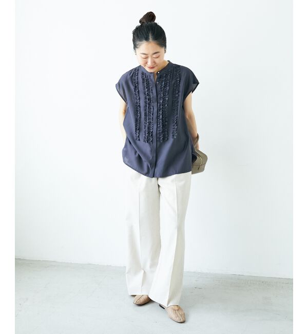  「《手洗い可能》シルキーローンフロントフリルフレンチブラウス」|シャツ・ブラウス|