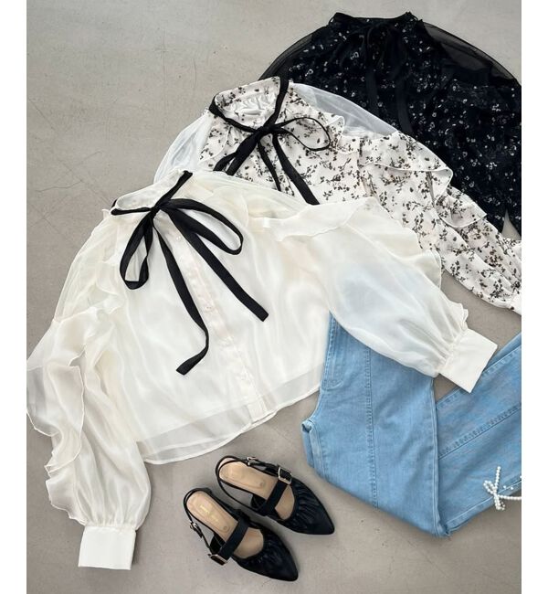 MAJESTICLEGON「リボン付きフリルブラウス」|シャツ・ブラウス|アイボリー