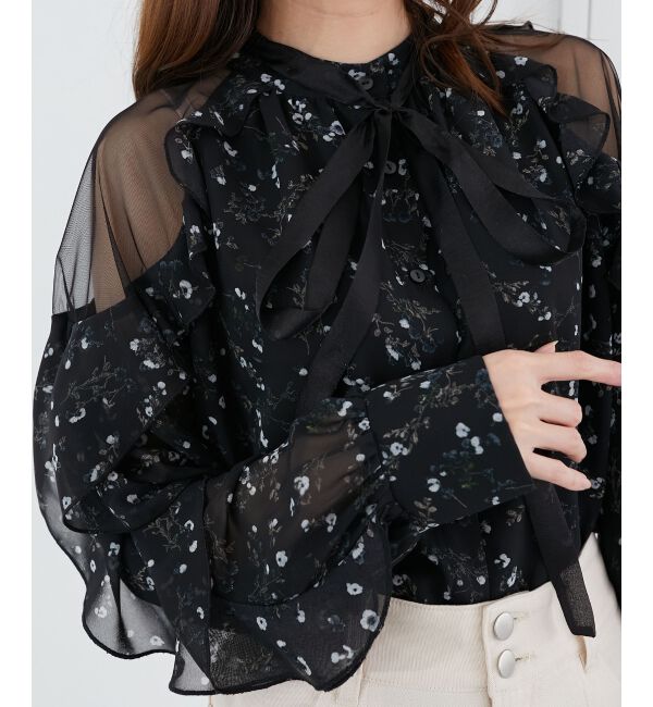 MAJESTICLEGON「リボン付きフリルブラウス」|シャツ・ブラウス|ブラック柄