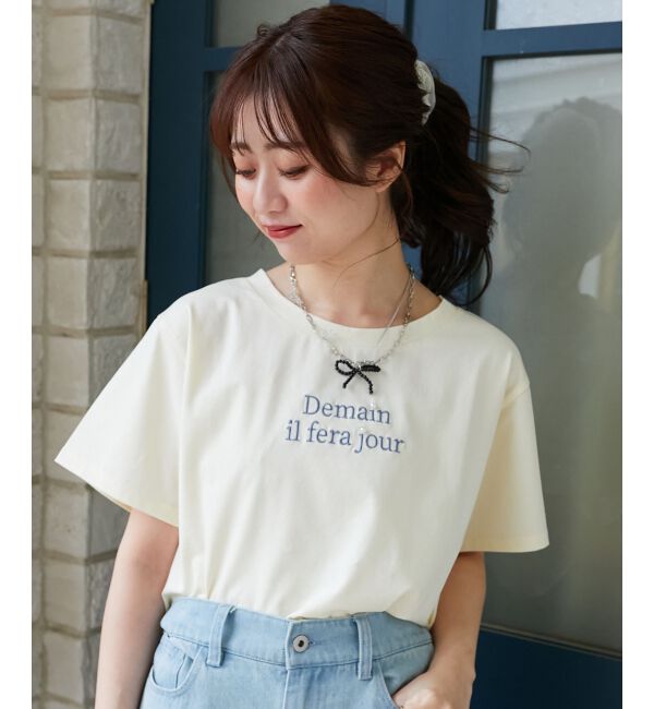  「パール付きクロップドロゴTシャツ」|Tシャツ・カットソー|