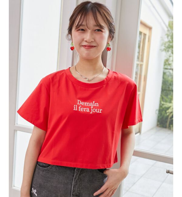  「パール付きクロップドロゴTシャツ」|Tシャツ・カットソー|