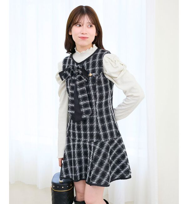  「リボンブローチセットツイードワンピ」|ワンピース|