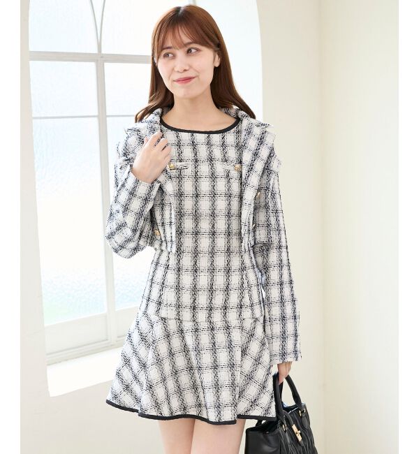  「リボンブローチセットツイードワンピ」|ワンピース|
