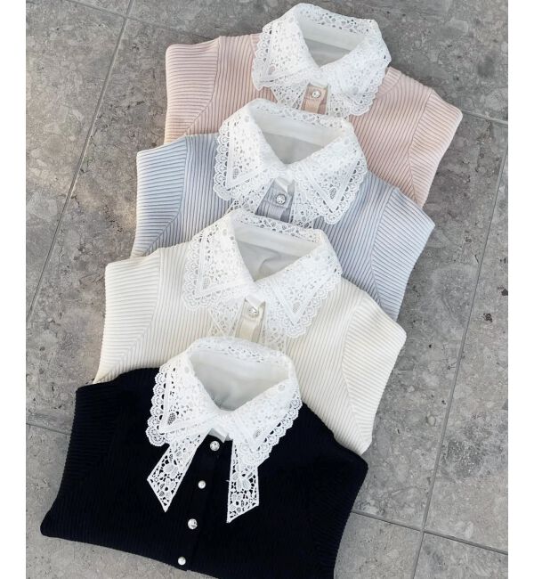  「リボンレース襟ニットカーディガン」|カーディガン|