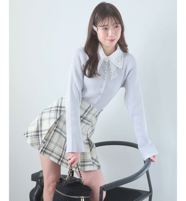  「リボンレース襟ニットカーディガン」|カーディガン|