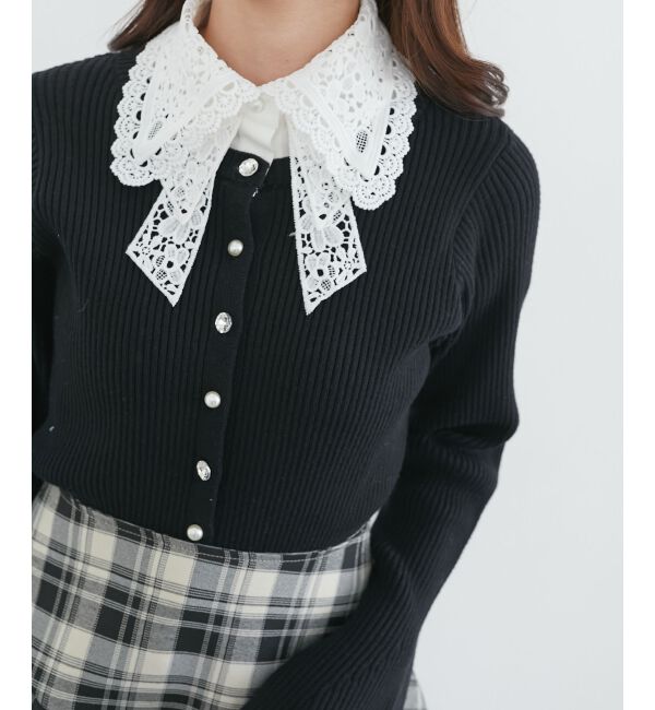  「リボンレース襟ニットカーディガン」|カーディガン|