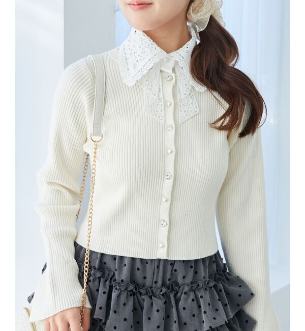  「リボンレース襟ニットカーディガン」|カーディガン|