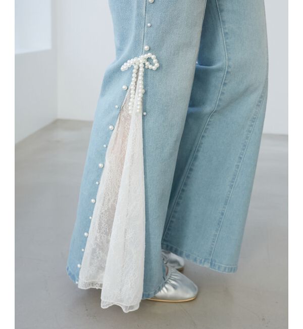  「パール&times;レーススリットデニム」|デニム|