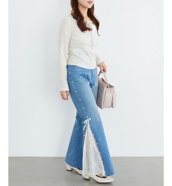  「パール&times;レーススリットデニム」|デニム|