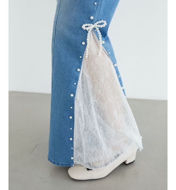  「パール&times;レーススリットデニム」|デニム|