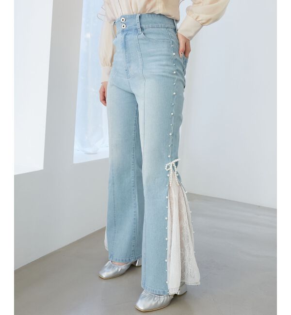  「パール&times;レーススリットデニム」|デニム|