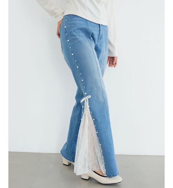  「パール&times;レーススリットデニム」|デニム|ブルー