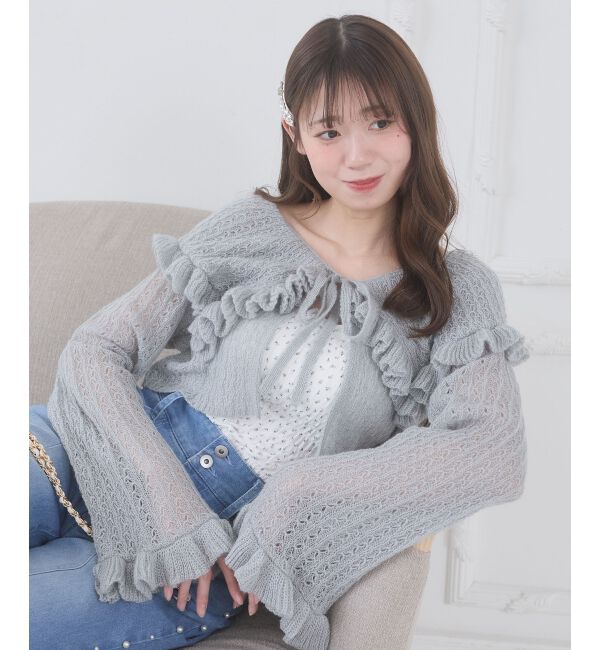  「キャミセットビッグカラーフリルカーデ」|カーディガン|ブルー