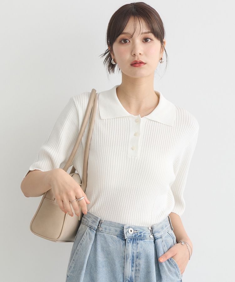 earth music&ecology「半袖ポロニットプルオーバー」|ニット・セーター|Ivory