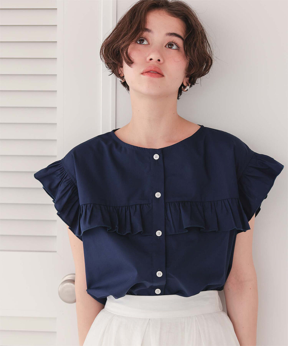 titivate「フレンチスリーブフリルブラウス」|シャツ・ブラウス|ネイビー