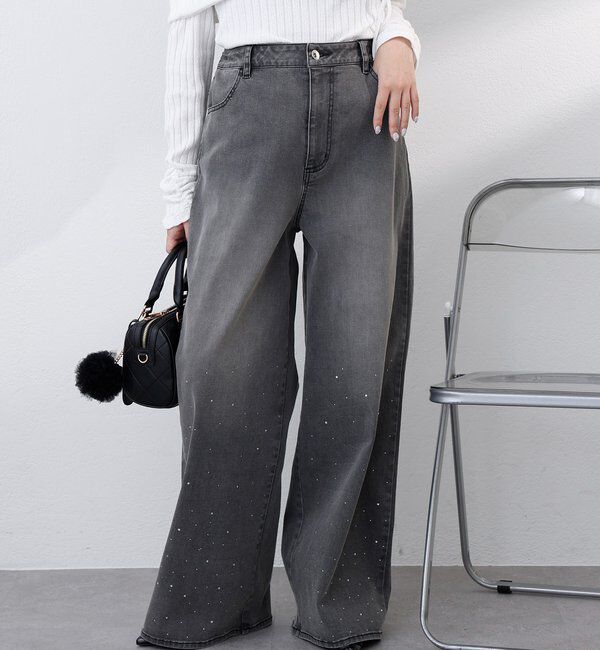  「【SSサイズあり/ウエスト調整可能】ビジュー付きワイドデニム」|その他|ブラック