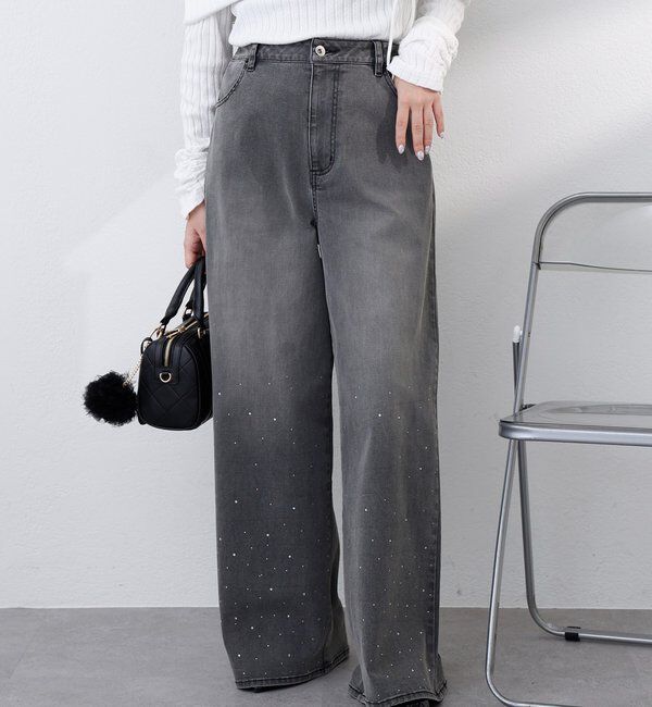  「【SSサイズあり/ウエスト調整可能】ビジュー付きワイドデニム」|その他|