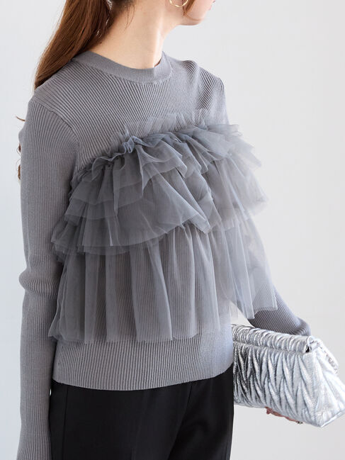 Te chichi「チュールフリルリブニット」|ニット・セーター|チャコールグレー