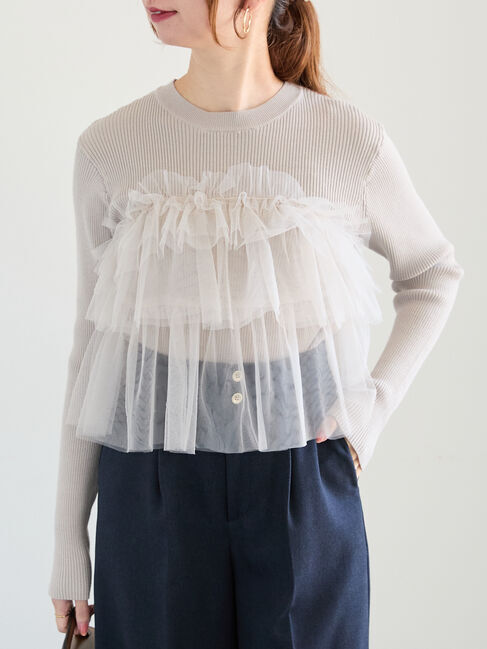 Te chichi「チュールフリルリブニット」|ニット・セーター|グレー