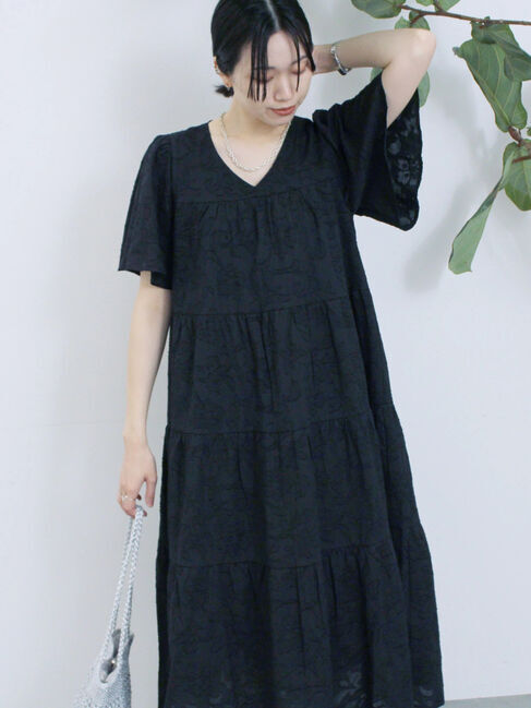 Samansa Mos2 blue「花ジャガードティアードワンピース」|ワンピース|