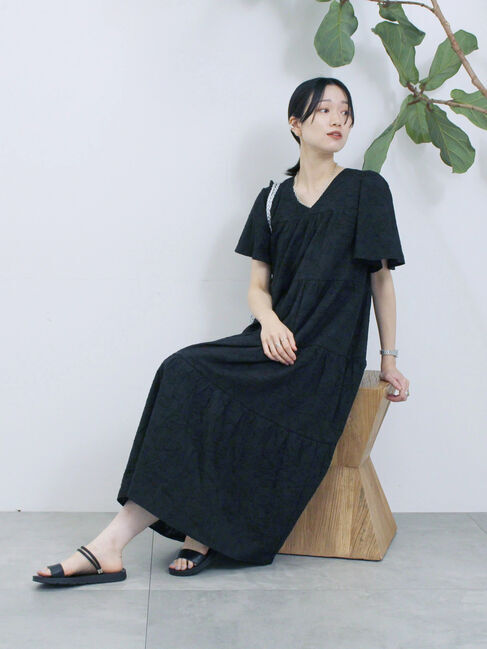 Samansa Mos2 blue「花ジャガードティアードワンピース」|ワンピース|