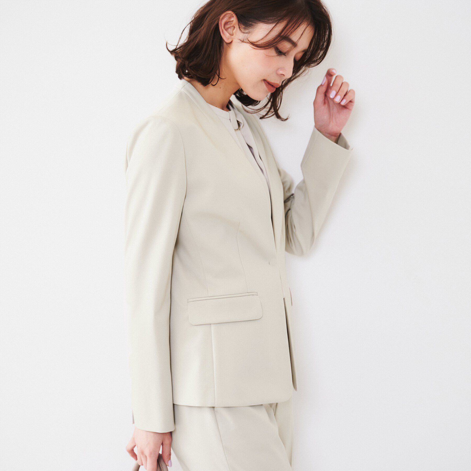 UNTITLED「【通勤スーツ】コットン混ジャージ カラーレスジャケット」|ノーカラージャケット|