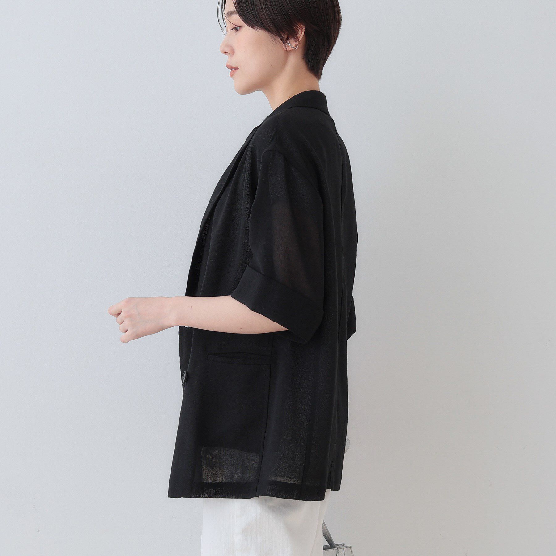 INDIVI「【洗える／メッシュ素材】リネンライク半袖ダブルジャケット」|テーラードジャケット|