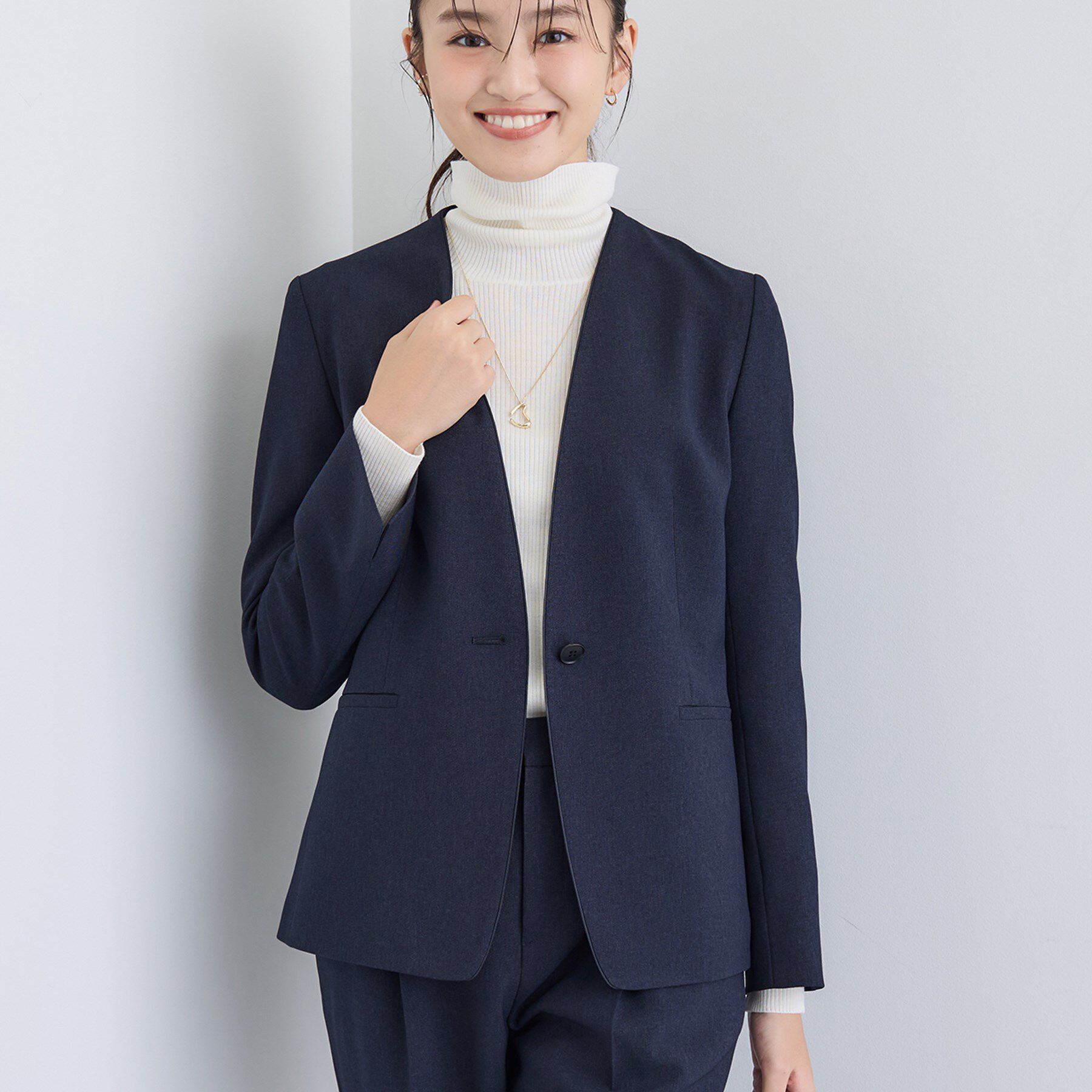 INDIVI「【洗える／通勤／スーツ】メランジストレッチ ノーカラージャケット」|スーツ|ネイビー(094)