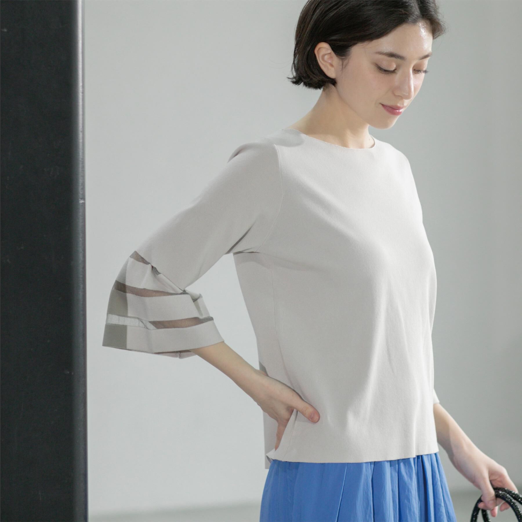 OPAQUE.CLIP「《6色展開》シアーボーダーフレアスリーブニット【洗濯機洗い可】」|ニット・セーター|