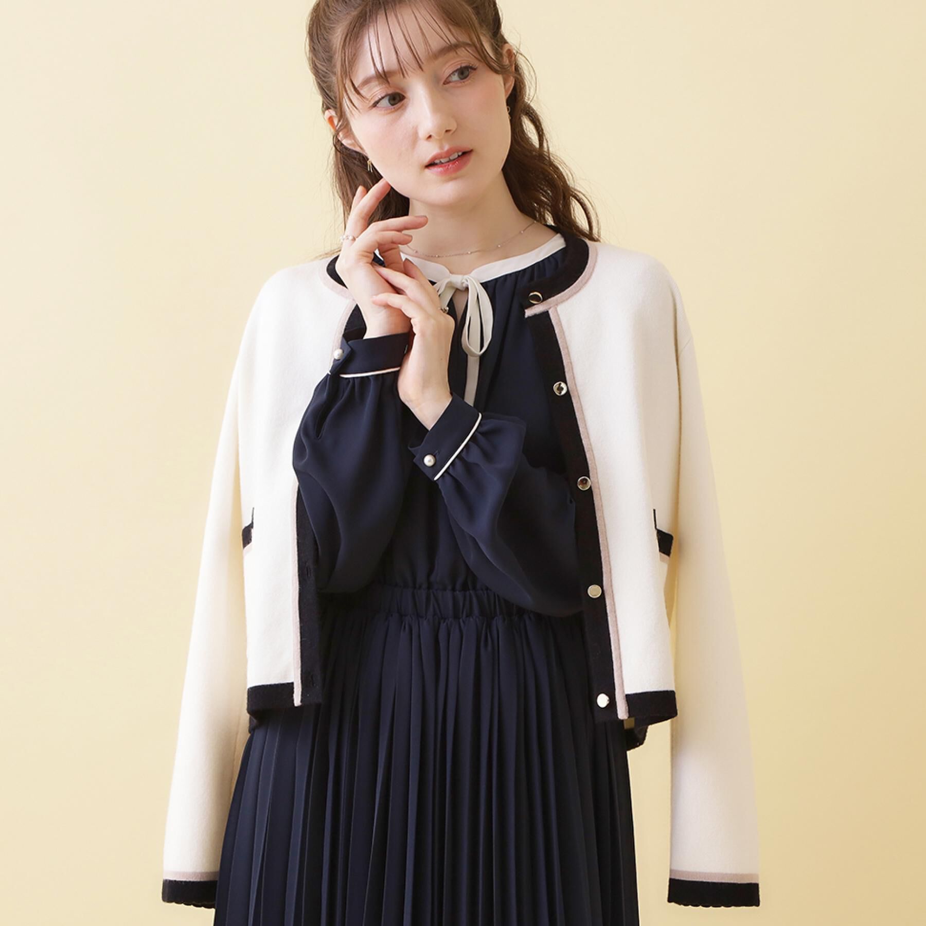 Couture broach「【ハレの日・通勤・着映え】配色 総針カーディガン」|カーディガン|