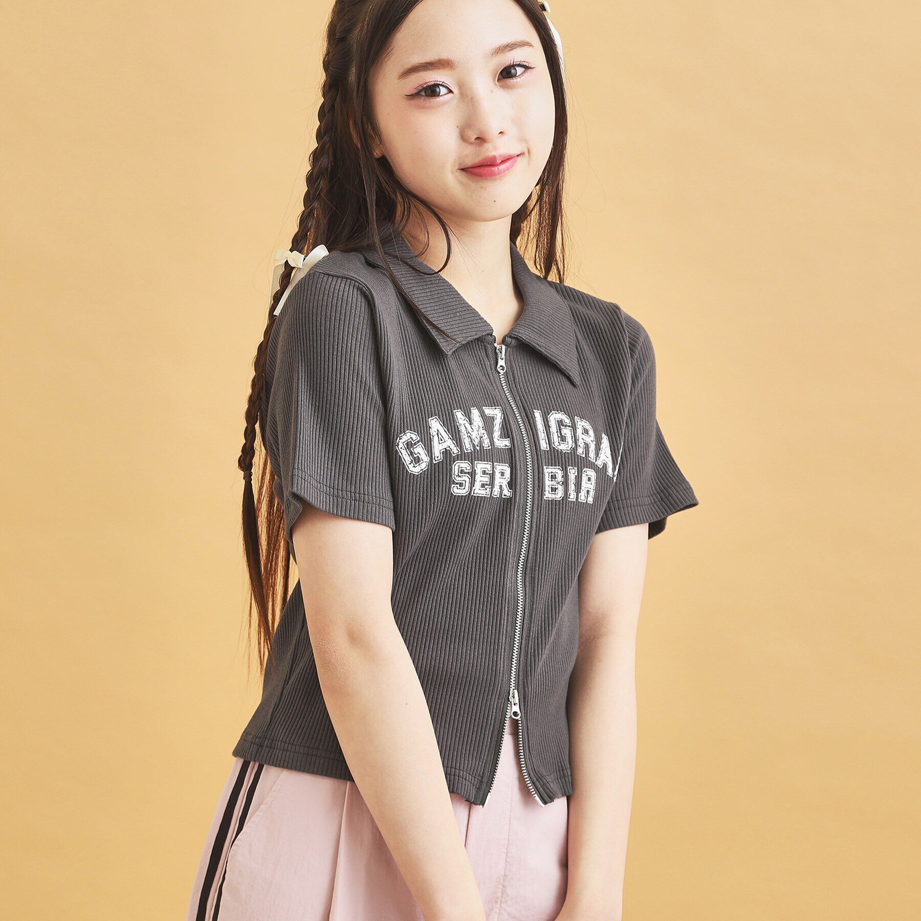 PINK-latte「襟付きテレコダブルジッププルオーバー」|Tシャツ・カットソー|チャコールグレー(0