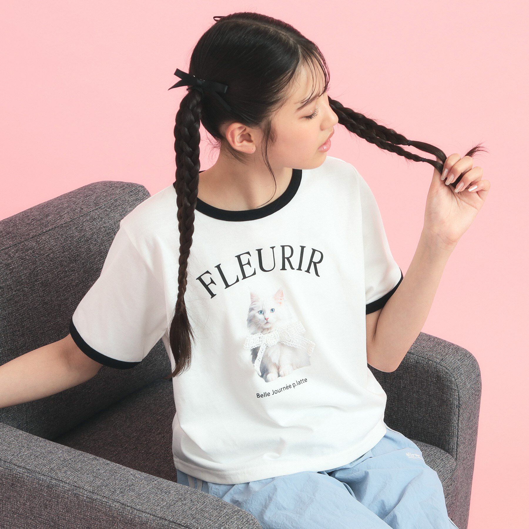 PINK-latte「フォトネコリンガーTシャツ」|Tシャツ・カットソー|オフホワイト(003