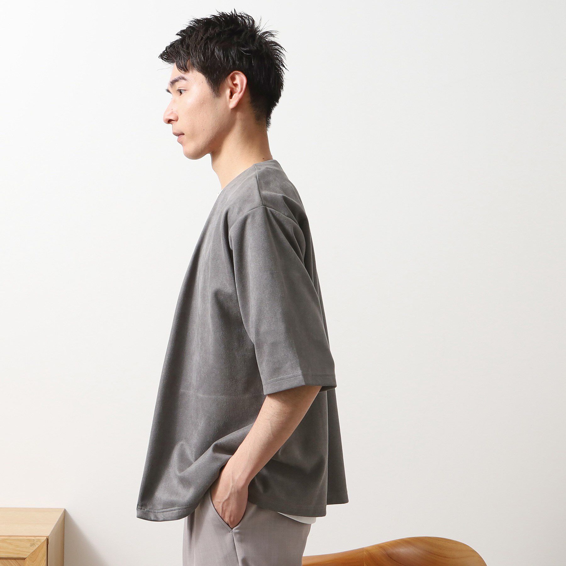 THE SHOP TK「フェイクスウェードアンサンブルカーディガン【五分袖カーディガン＋半袖Tシャツセットアイテム】」|カーディガン|