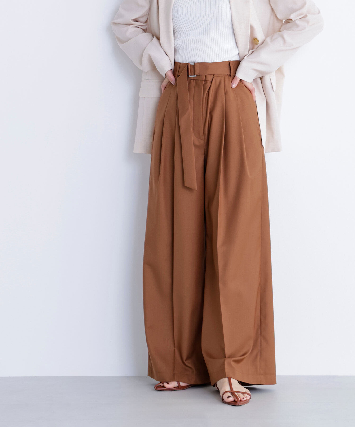 「デザインベルトワイドパンツ」|その他|キャメル1