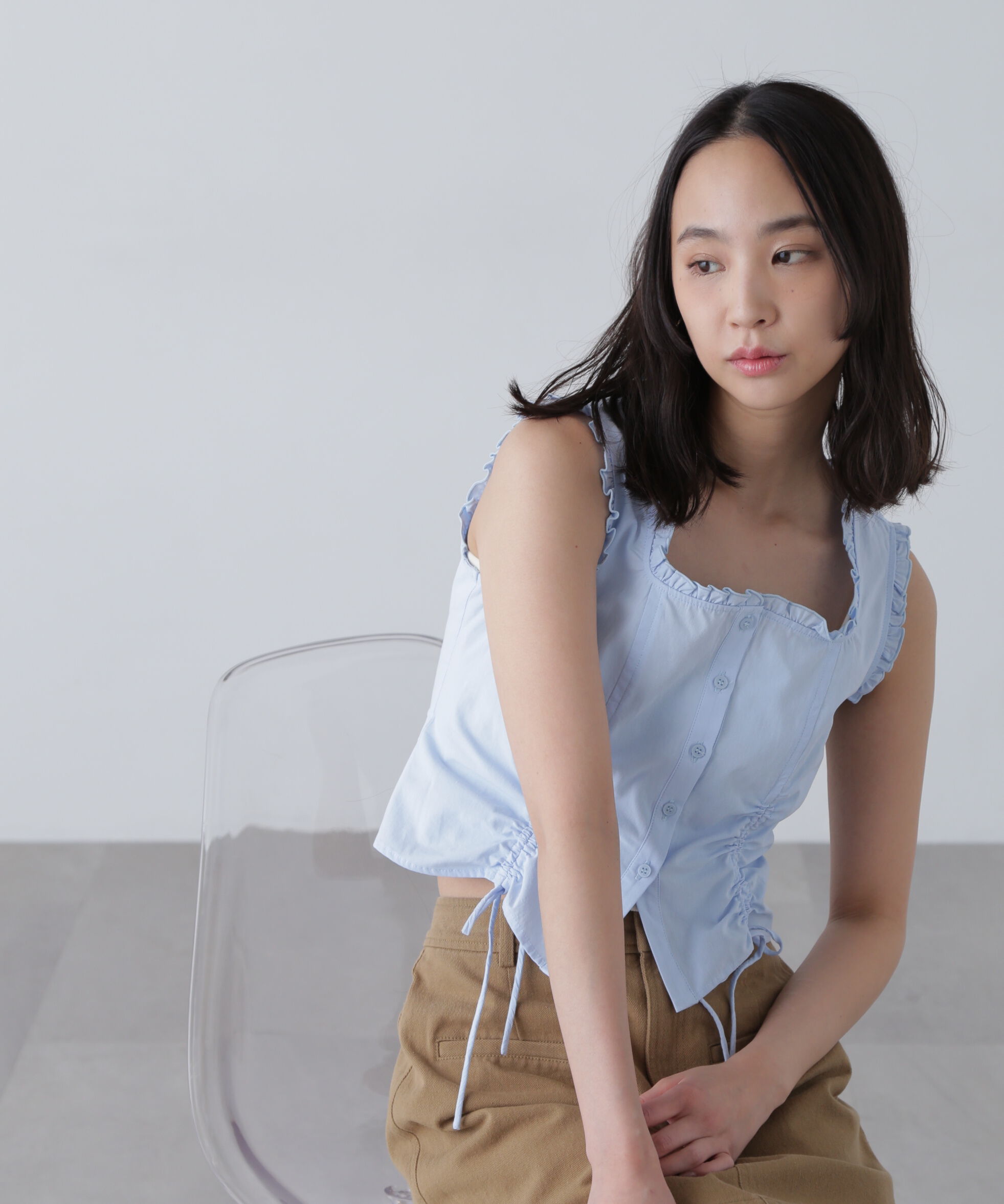  「ドロストノースリーブブラウス」|シャツ・ブラウス|サックス