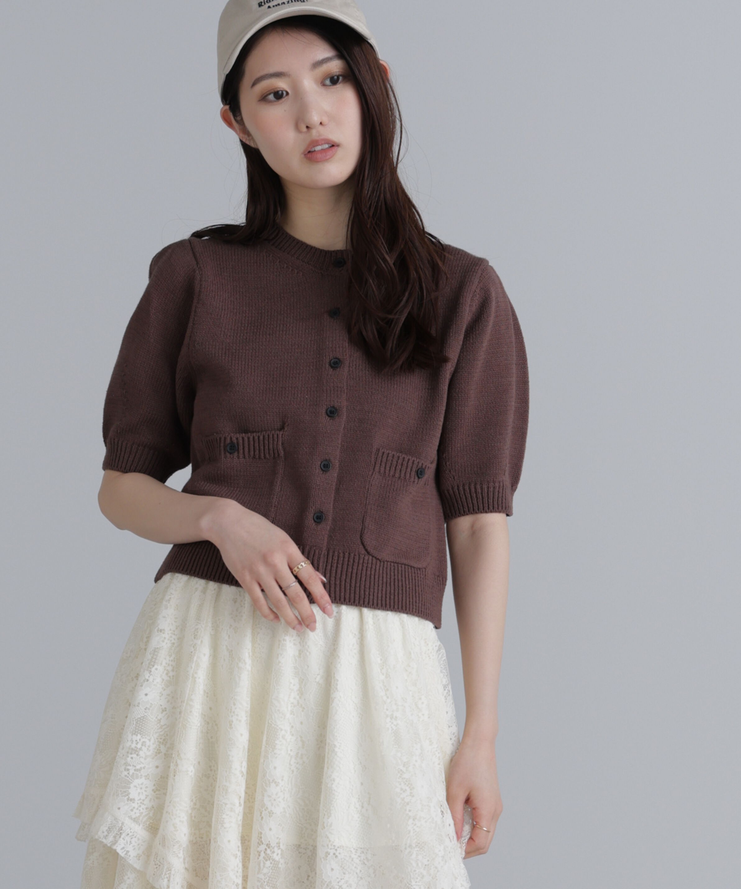  「フロントポケット半袖カーディガン」|ニット・セーター|ブラウン