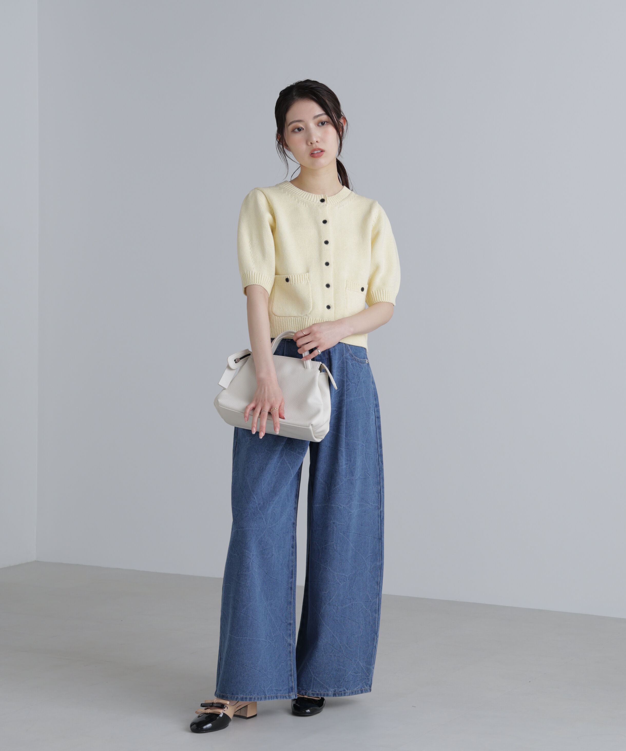  「フロントポケット半袖カーディガン」|ニット・セーター|