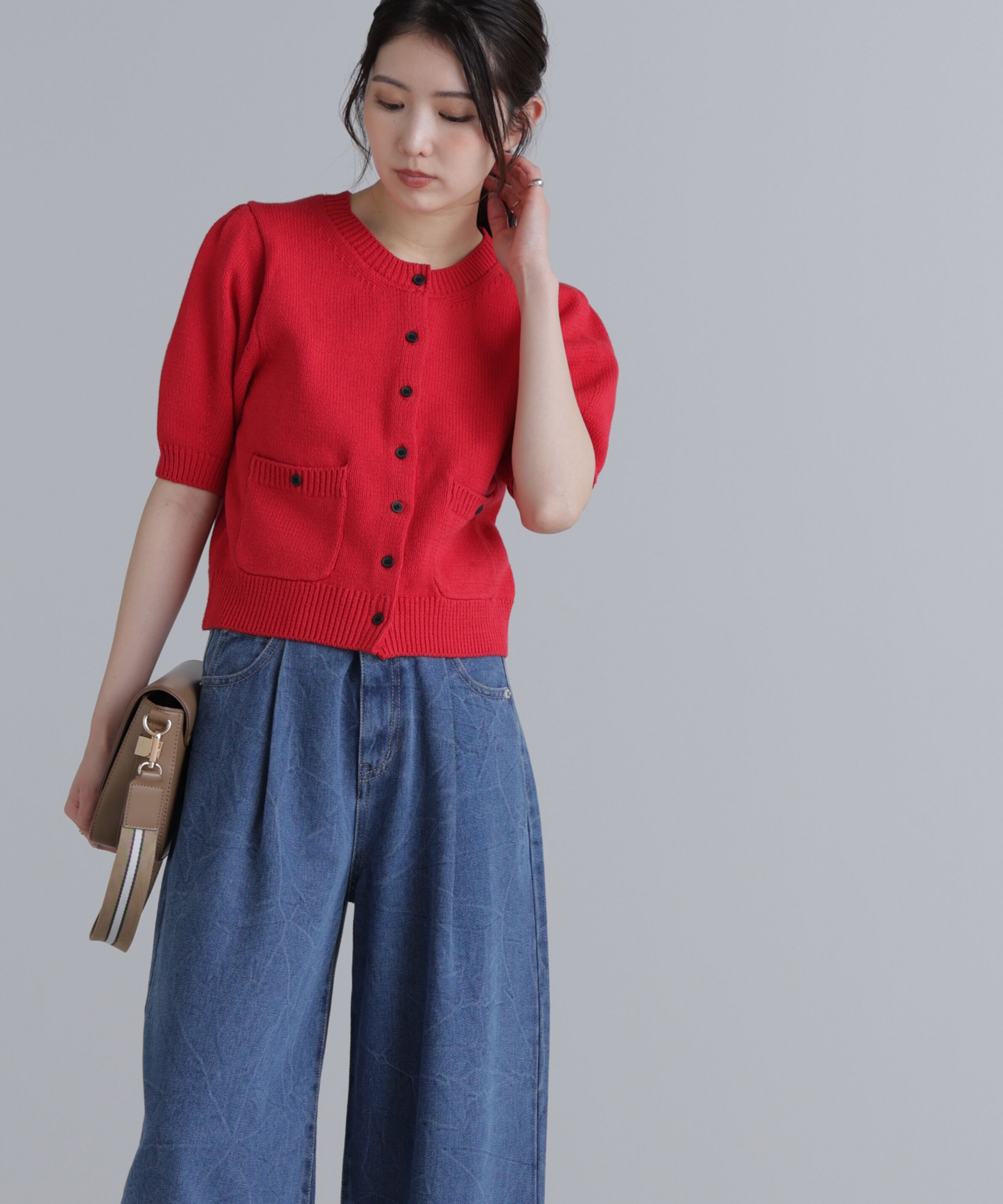  「フロントポケット半袖カーディガン」|ニット・セーター|