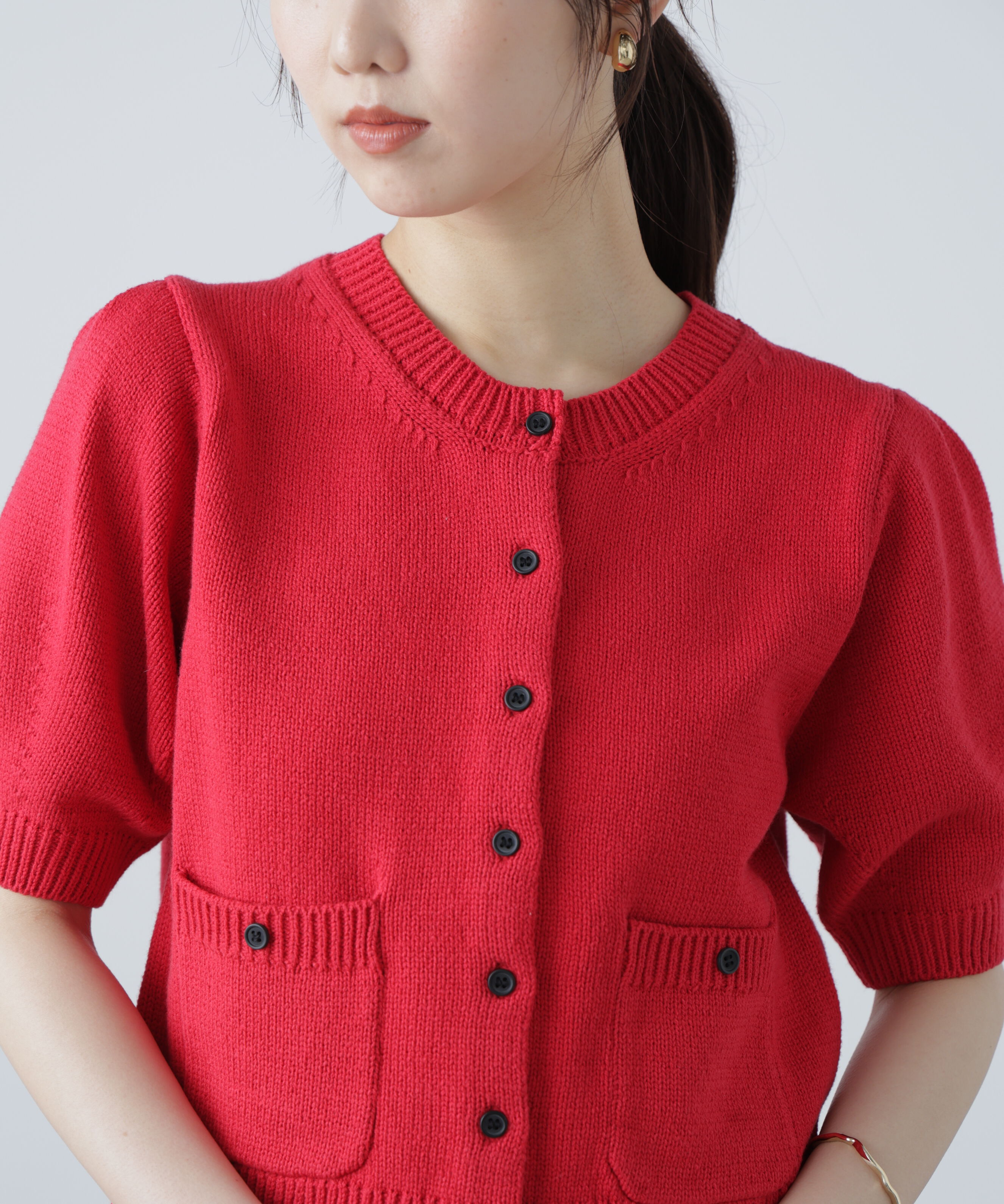  「フロントポケット半袖カーディガン」|ニット・セーター|