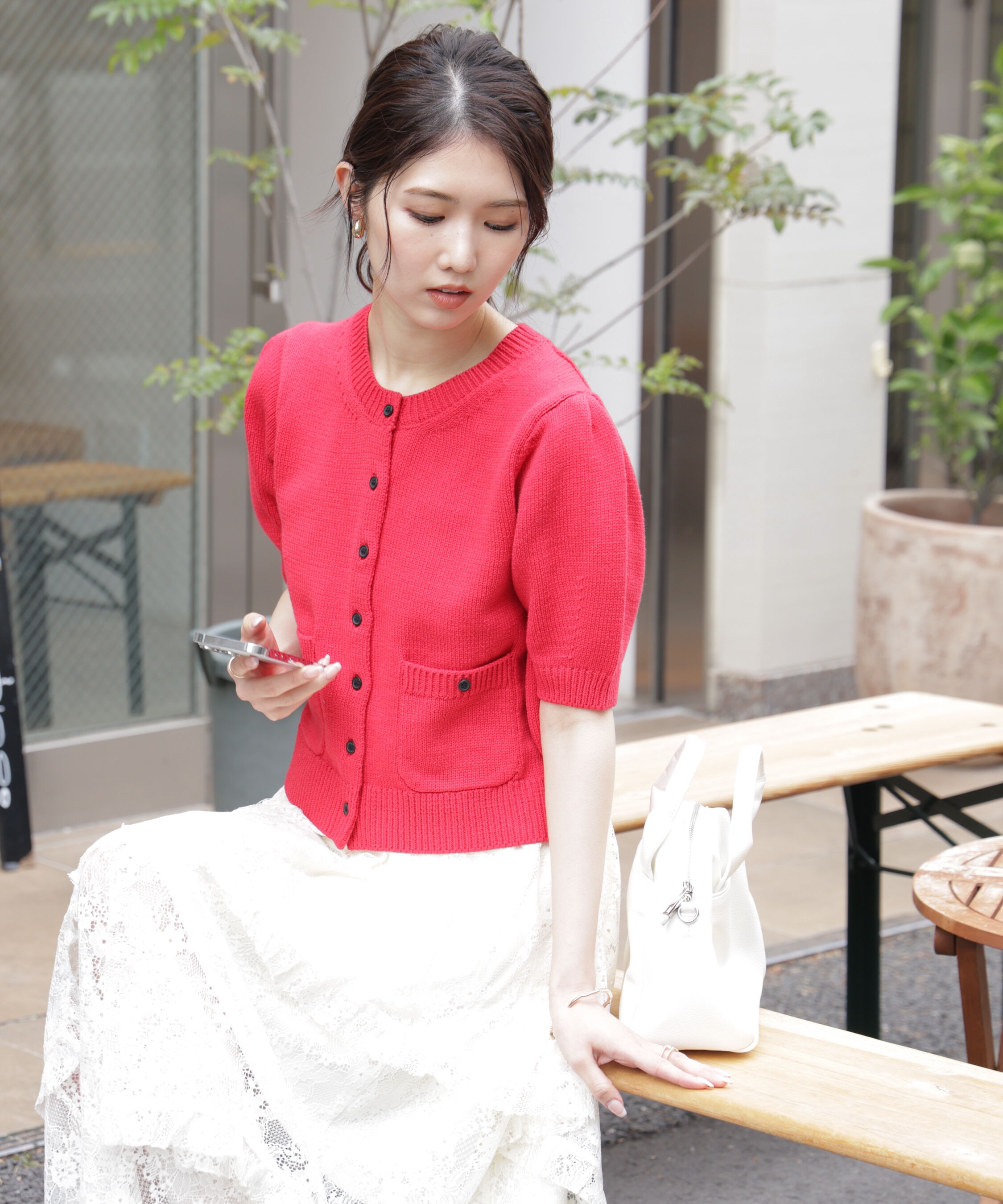  「フロントポケット半袖カーディガン」|ニット・セーター|